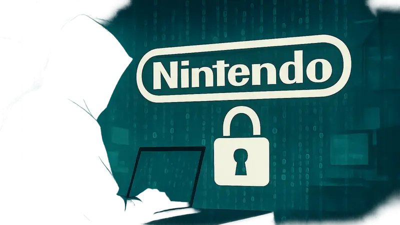 Логотип Nintendo с изображением хакерских символов или замка, символизирующего взлом и утечку данных.