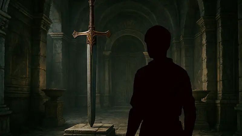 Двуручный меч Righteous Verdict в игре Crimson Desert на фоне секретной комнаты