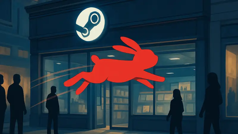Скриншот из игры Bunny Hurl, где кролик летит после броска, на фоне магазина Steam.