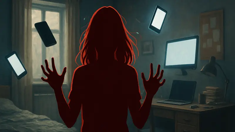 Кадр из сериала «Кэрри» Майка Флэнагана, изображающий молодую девушку в современном антураже, возможно, с эффектами телекинеза или в окружении гаджетов.