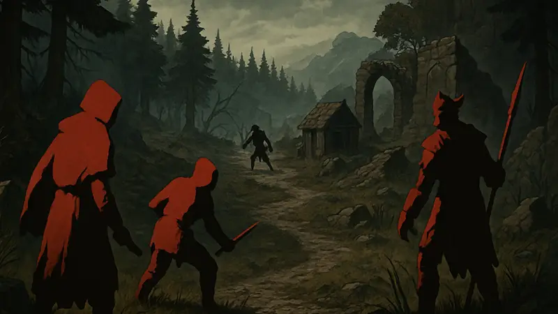 Изображение игрового процесса Drova: Forsaken Kin, демонстрирующее мрачный открытый мир и персонажей