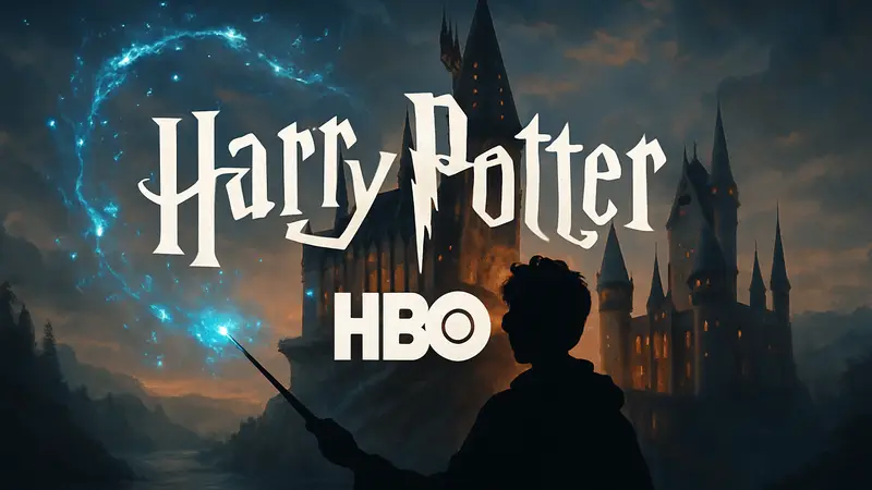 Логотип сериала «Гарри Поттер» от HBO на фоне замка Хогвартс, с эффектами магии.