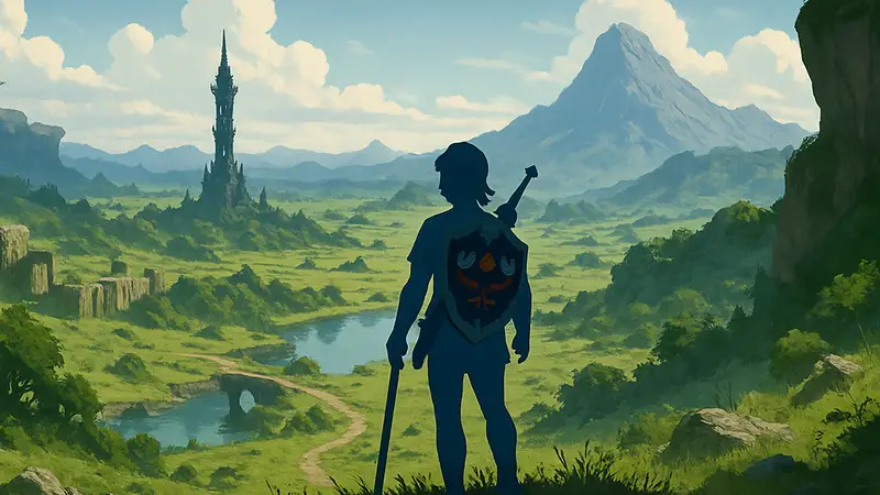 Завораживающий пейзаж из видеоигры с открытым миром, символизирующий исследование