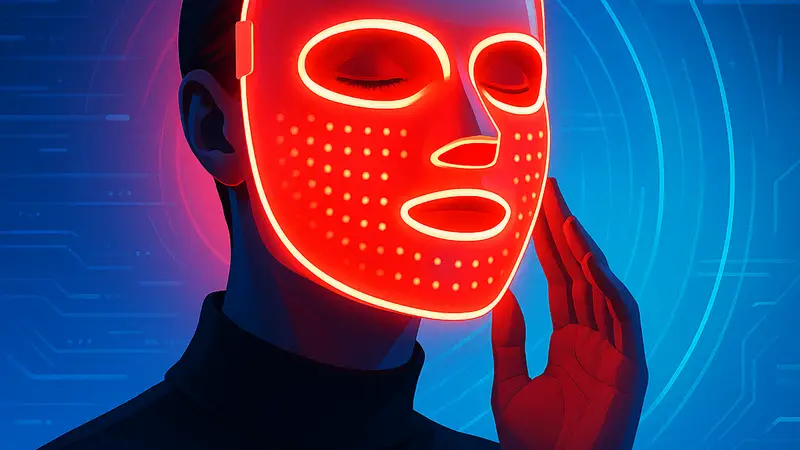 Человек в LED-маске для лица, демонстрирующий терапию красным светом, на футуристическом фоне.