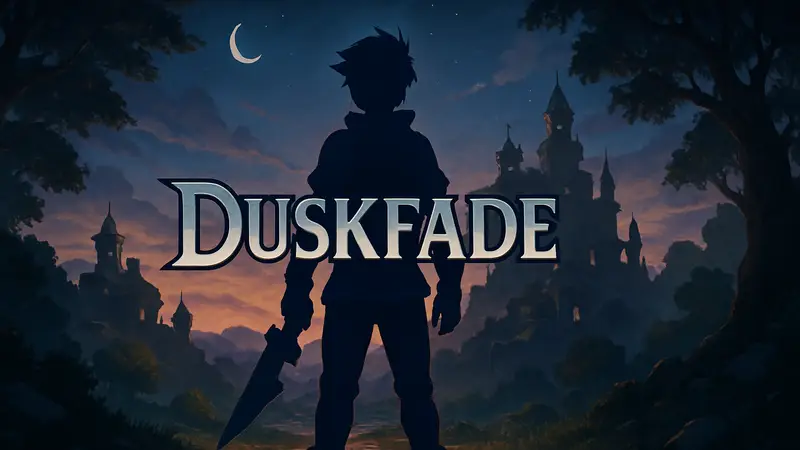Обложка игры Duskfade, стилизованная под Kingdom Hearts и Jak & Daxter, с изображением главного героя.