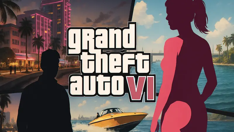 Логотип Grand Theft Auto 6 и сцены из трейлера с Вайс-Сити, Лусией и Джейсоном.