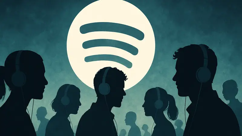 Логотип Spotify на фоне силуэтов слушателей с наушниками