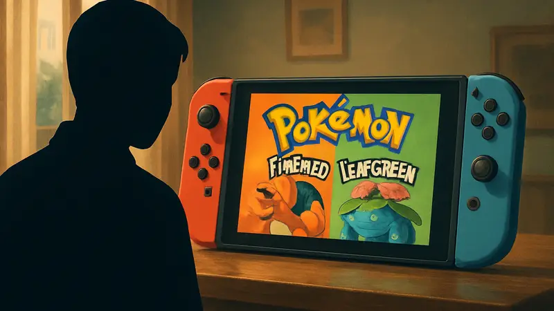 Логотип Pokemon FireRed и LeafGreen на консоли Nintendo Switch, символизирующий релиз классики.