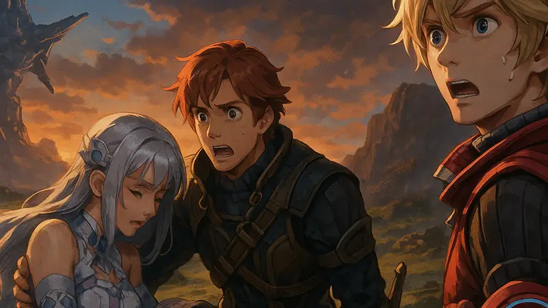 Герои Xenoblade Chronicles во время драматического сюжетного поворота, на фоне эпического пейзажа.