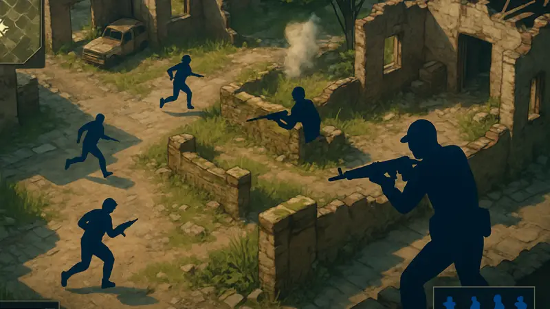 Игровой процесс PUBG Blindspot с изометрическим видом, показывающий тактические действия и интерфейс игры.