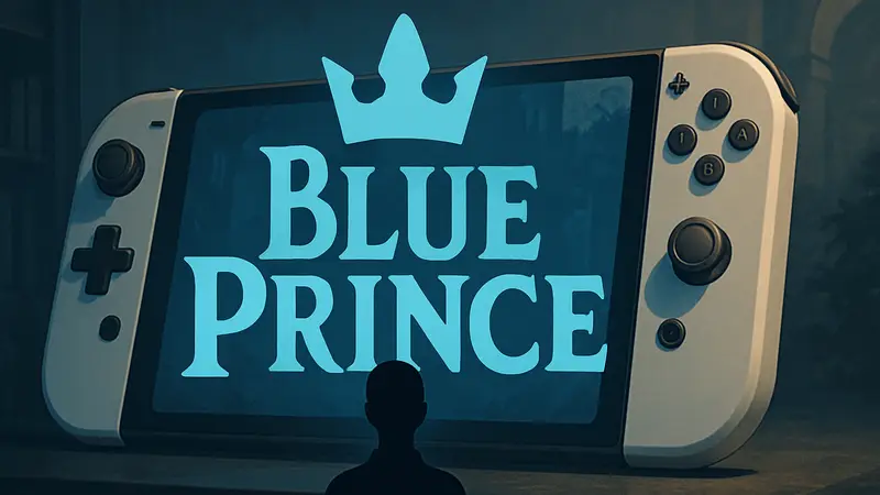 Логотип игры Blue Prince на фоне консоли Nintendo Switch 2, символизирующий внезапный релиз
