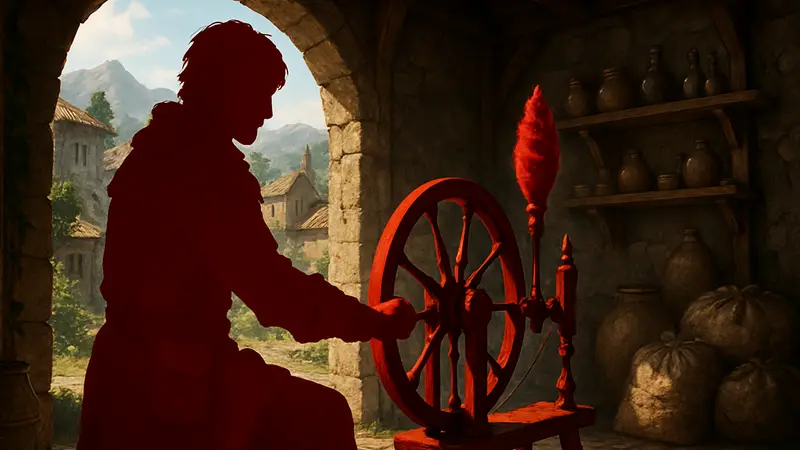 Персонаж из Crimson Desert у прядильного колеса, выполняет квест Брана для расширения инвентаря