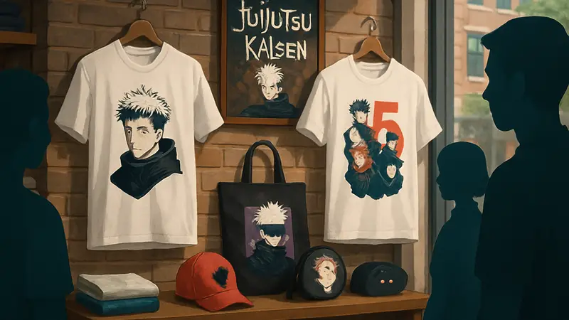 Яркая коллекция мерча Jujutsu Kaisen, посвященная 5-летию аниме, включающая футболки и аксессуары.