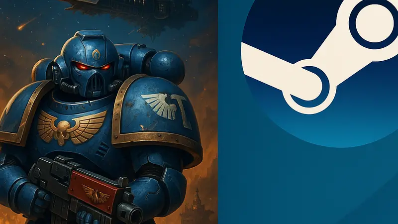 Логотип Warhammer 40K или обложка игры, удаленной из Steam, на фоне логотипа Steam