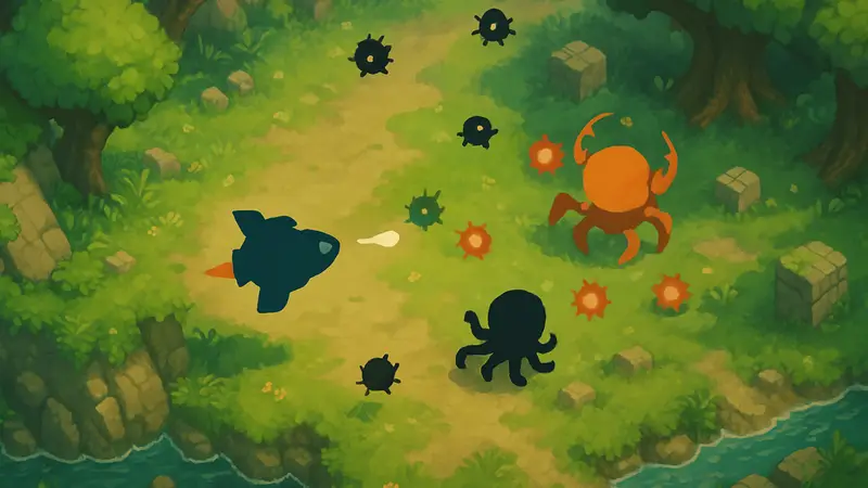 Игровой скриншот Minishoot' Adventures, показывающий космический корабль в стиле Zelda-like, сражающийся с врагами в ярком мире.