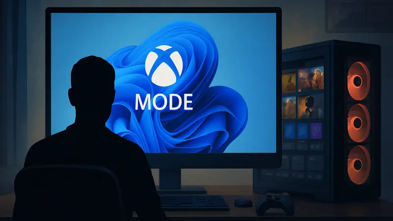 Логотип Xbox Mode на экране Windows 11, интерфейс консоли на ПК, геймерский компьютер.
