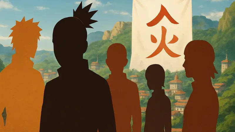 Изображение персонажей из Boruto, включая Шикамару, с символом Хокаге на фоне Конохи.