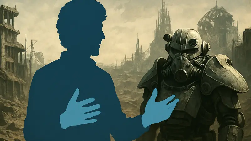 Тодд Говард, директор Bethesda, обсуждает Fallout 3 на фоне постапокалиптических руин Пустоши.