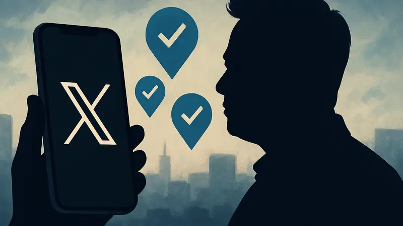 Логотип X (бывший Twitter) на экране смартфона, Илон Маск на фоне, система меток.