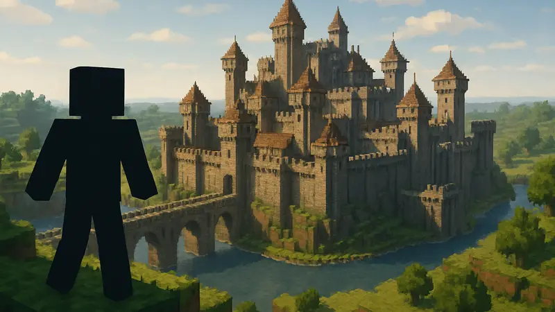 Изображение величественной средневековой крепости, построенной в игре Minecraft, с видом сверху.