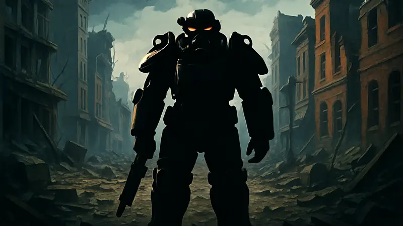 Изображение главного героя Fallout 4 в силовой броне, стоящего посреди разрушенного города.