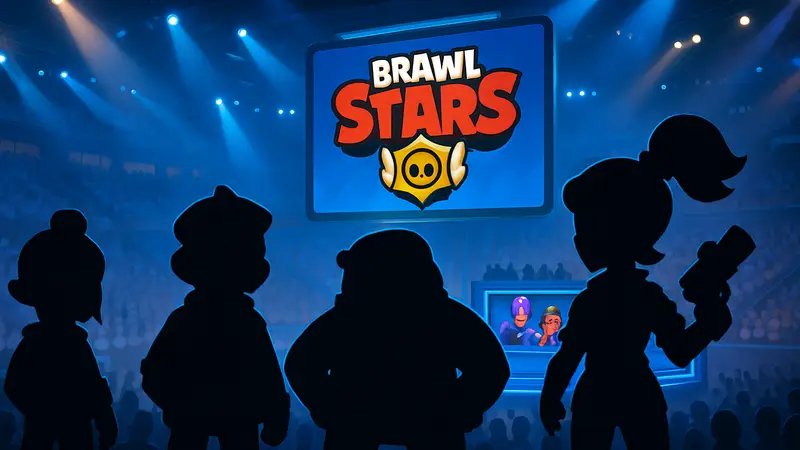 Игровые персонажи Brawl Stars в атмосфере киберспортивного турнира, символизирующие февральские финалы.