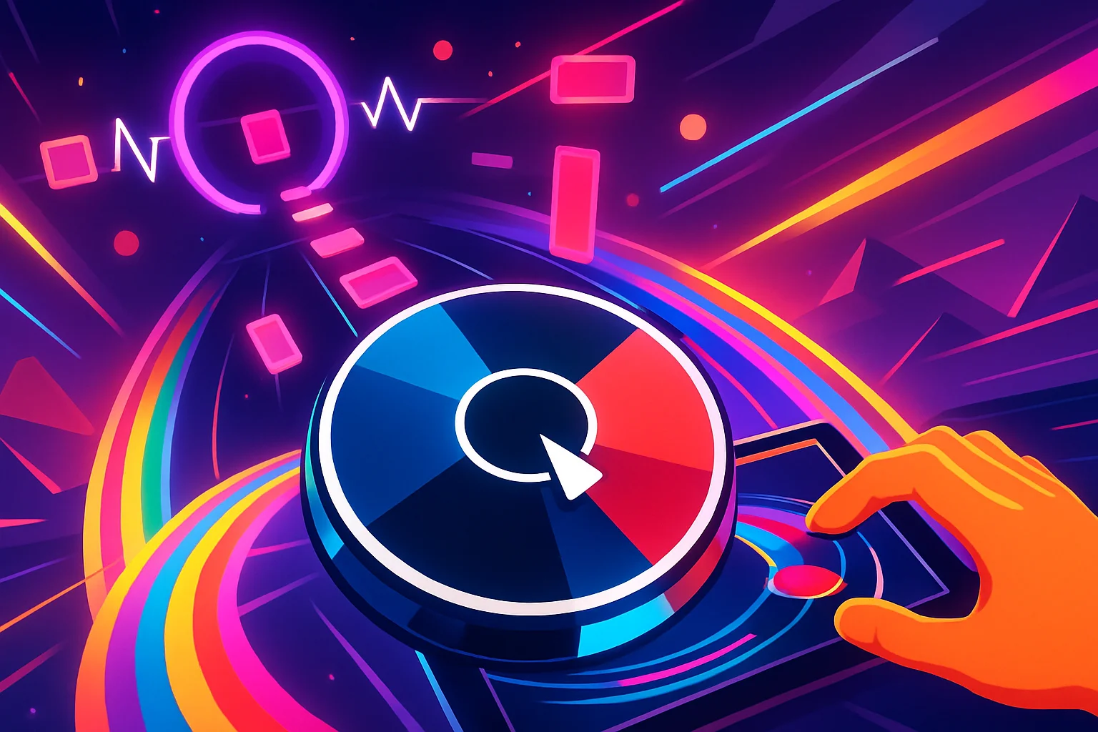 Скриншот из игры Spin Rhythm XD, демонстрирующий яркий музыкальный интерфейс и ритмичные элементы.