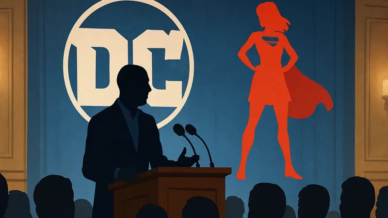 Питер Сафран, руководитель DC Studios, на пресс-конференции.