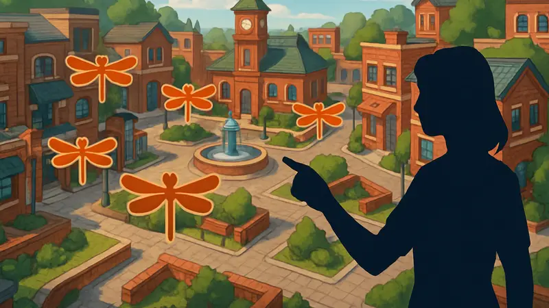 Карта локаций Кирпичных стрекоз в игре Heartopia во время фестиваля Modular Streets