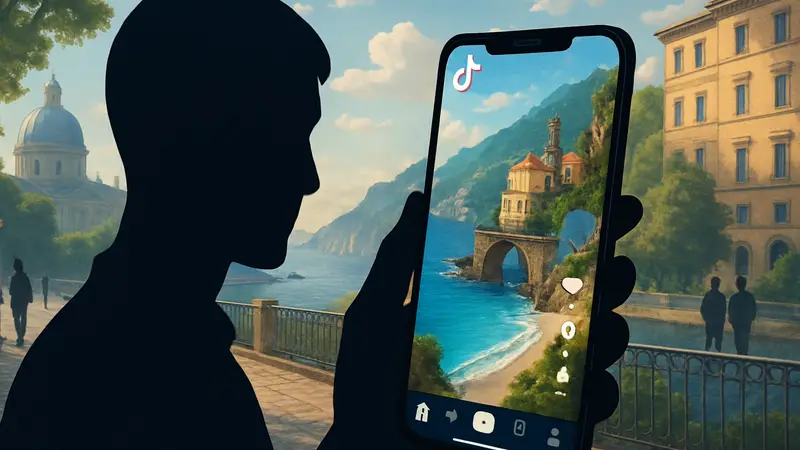 Пользователь смотрит TikTok на телефоне, на экране — туристическое направление