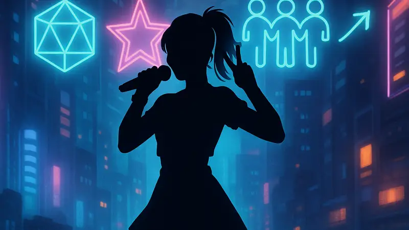Персонаж D&D класса "Идол" в K-Pop стиле, окружённый неоновыми огнями и символами командной работы.