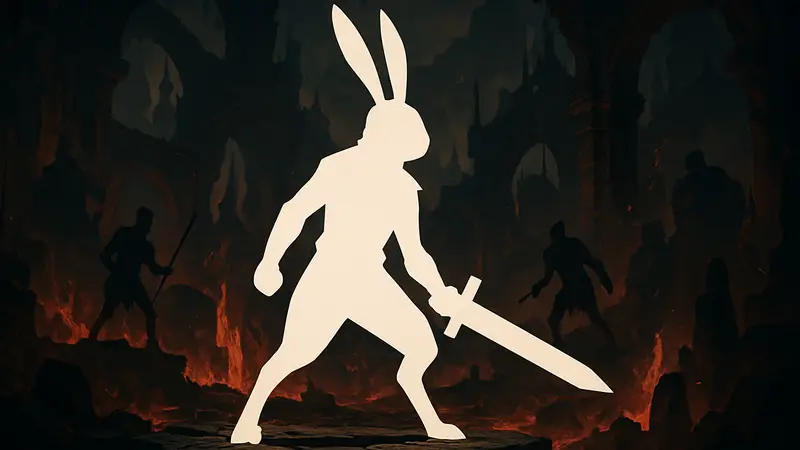 Белый Кролик из Crymelight в мрачном адском сеттинге, готовый к битве в стиле рогалика.