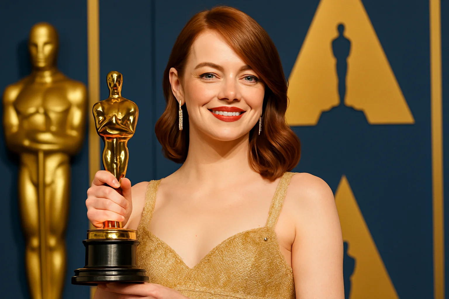 На изображении актриса Эмма Стоун на церемонии вручения премии "Оскар", демонстрирующая свою статуэтку.