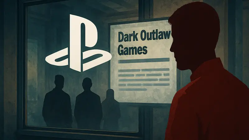 Логотип Sony PlayStation на фоне новостей о закрытии студии Dark Outlaw Games.