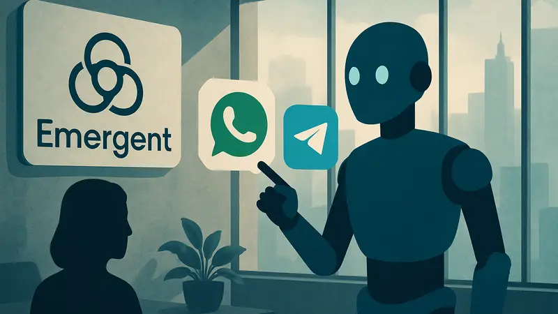 Логотип Emergent и схематичное изображение ИИ-агента, взаимодействующего с WhatsApp и Telegram.