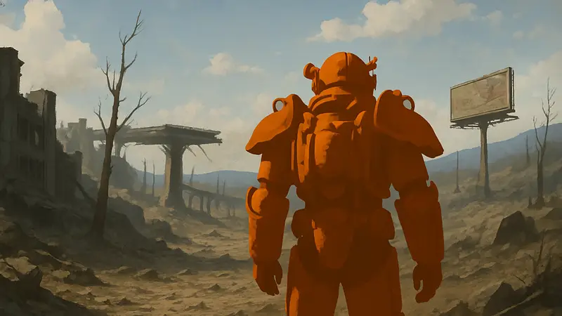 Кадр из предполагаемого ремейка Fallout 3, демонстрирующий пустоши или персонажа в силовой броне.