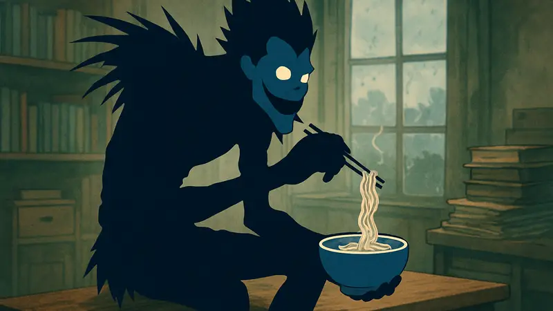 Фигурка Рюка из Death Note, сидящего над миской лапши