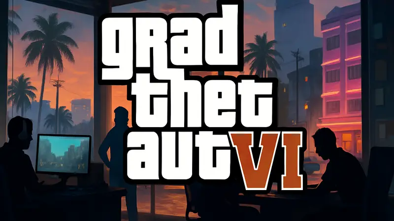 Логотип GTA 6 на фоне изображения из игры, символизирующий разработку и переработки в Rockstar Games.