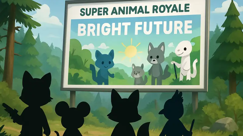 Герои Super Animal Royale на фоне баннера обновления «Bright Future», новые квесты и персонажи.