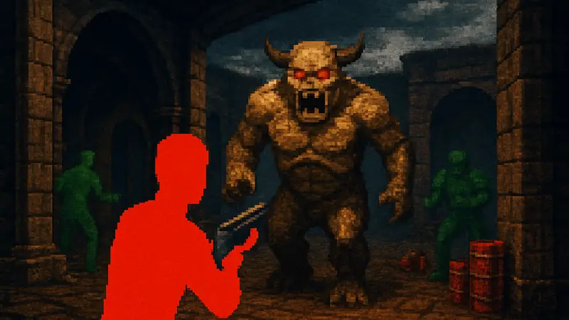 Изображение, стилизованное под графику бумер-шутера из 90-х, с пиксельными эффектами.