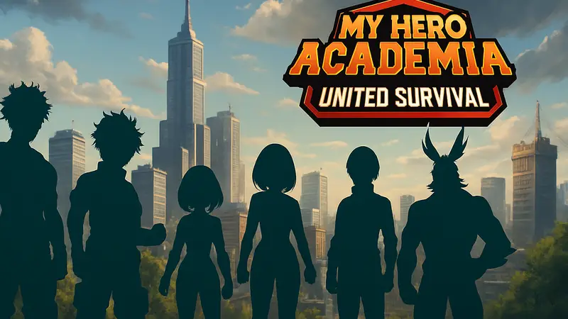 Персонажи из My Hero Academia United Survival, стилизованный логотип игры, иллюстрация анонса.