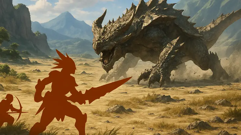 Скриншот из Monster Hunter Wilds, показывающий битву с монстром на большой локации.