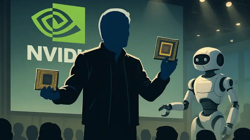 Дженсен Хуанг в кожаной куртке выступает на конференции Nvidia GTC, демонстрируя чипы ИИ и робота Олафа.