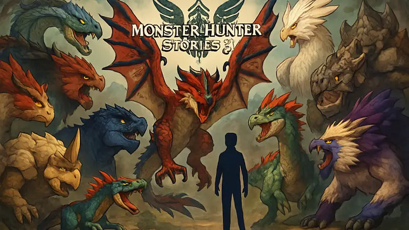 Коллекция монстров из разных RPG, логотип Monster Hunter Stories 3