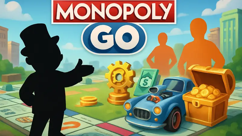 Логотип Monopoly GO на фоне игрового поля. Событие «Турбо-настройка» и награды.