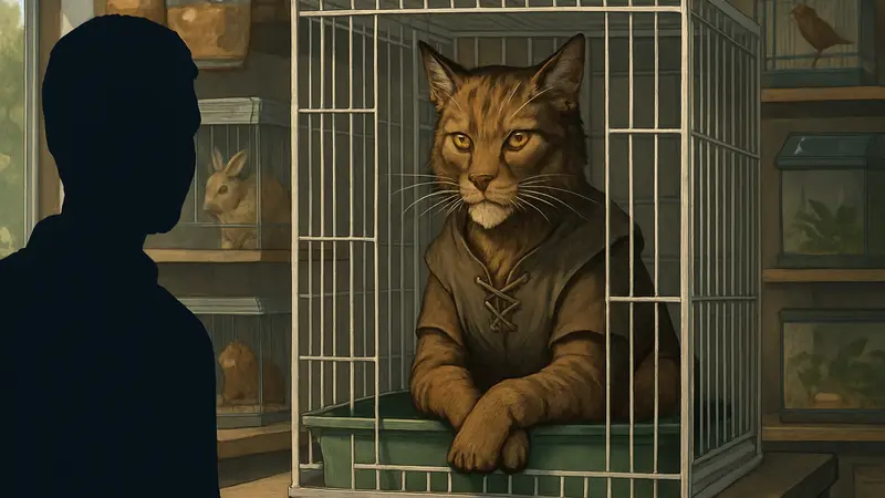 Кошка по имени М'Айк Лжец в зоомагазине, похожая на хаджита из Elder Scrolls.