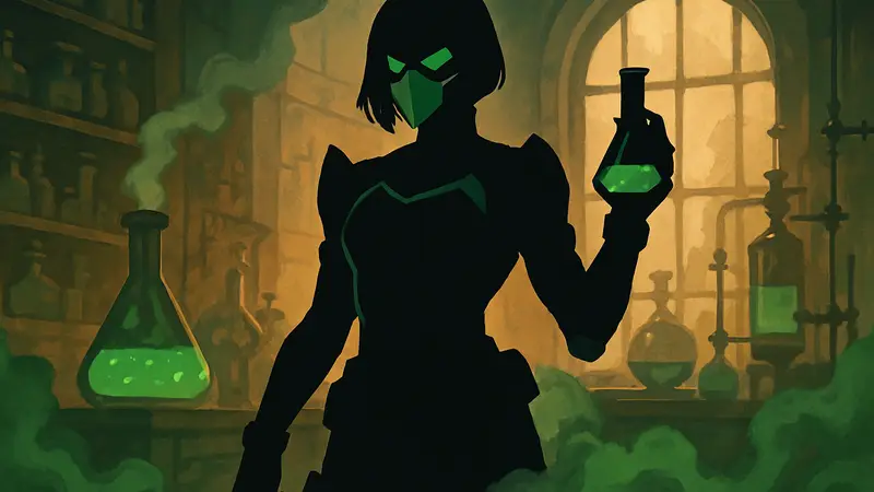 Косплеер INOE в образе агента Viper из шутера Valorant с химическими элементами.