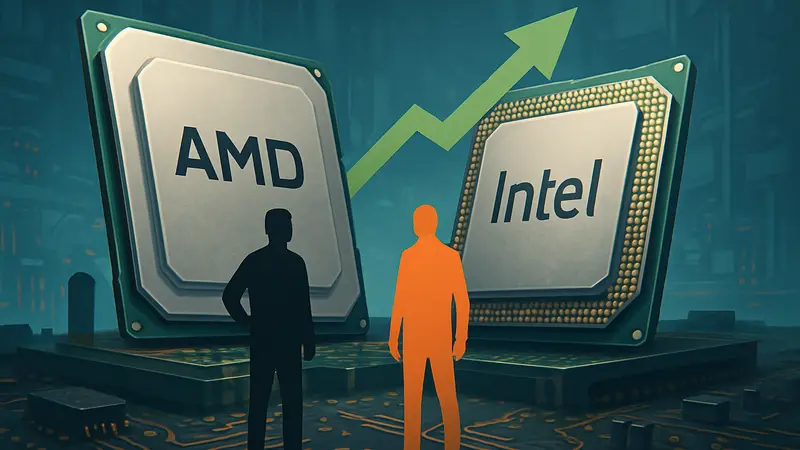 Процессоры AMD и Intel, символизирующие конкуренцию на рынке CPU и рост доли рынка AMD
