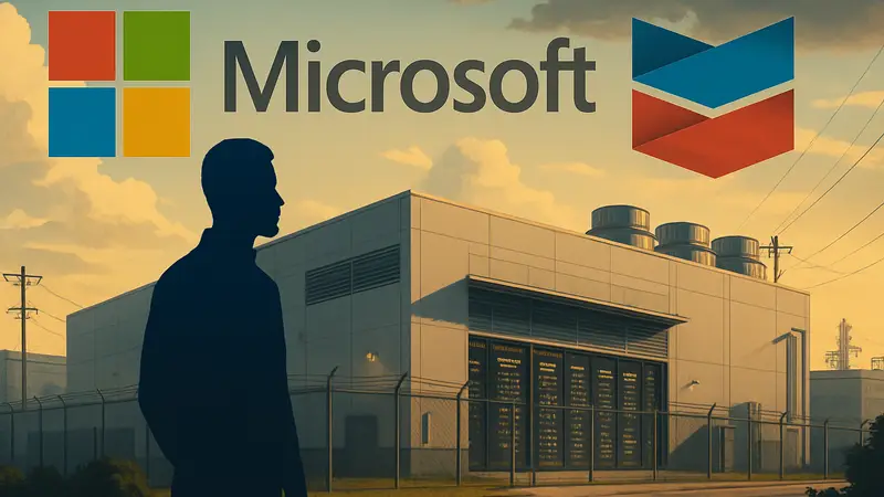 Логотипы Microsoft и Chevron рядом с изображением центра обработки данных.
