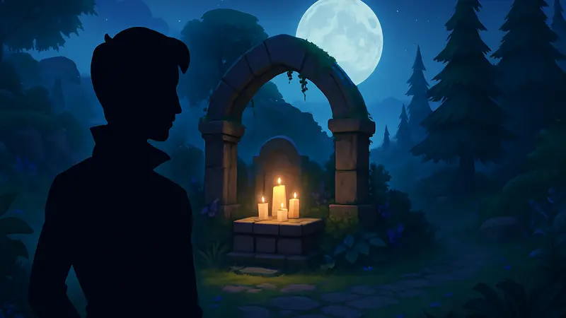 Скриншот из Moonlight Peaks с квестом "Пропавшая Луна", показывающий свечи